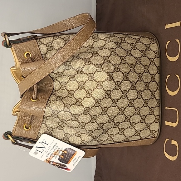 GUCCI ACCESSORIES VINTAGE 70’S WEB SHERRY DRAWSTRING GG SUPREME COATED BUCKETBAG - Picture 6 of 17
